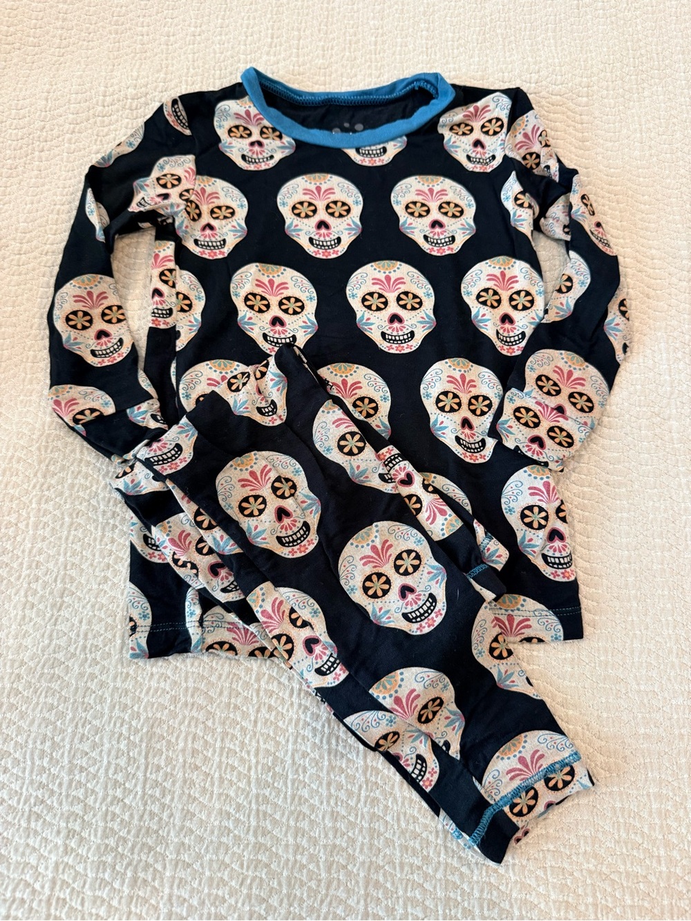 Kickee Pants Black Sugar Skull Pajama Set with Blue Trim
